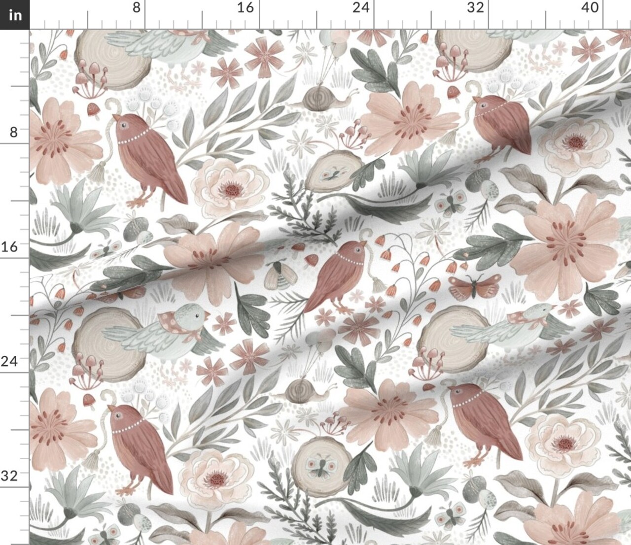 Woodland Birds Forest Nursery And Branches Pink Flowers Pastel Eggs Custom Printed Fabric by Spoonflower Various Fabrics by the Yard or Fat Quarter